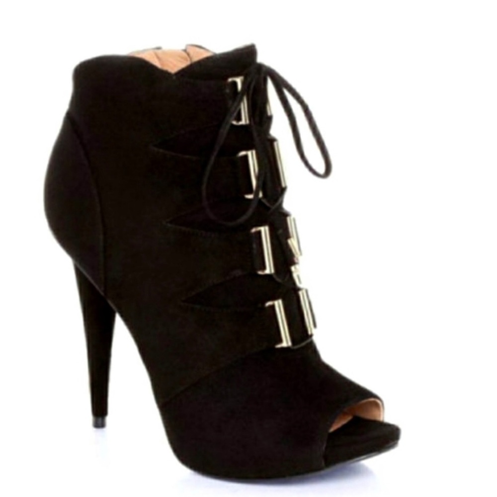 Marciano Black Suede Open Toe Booties.